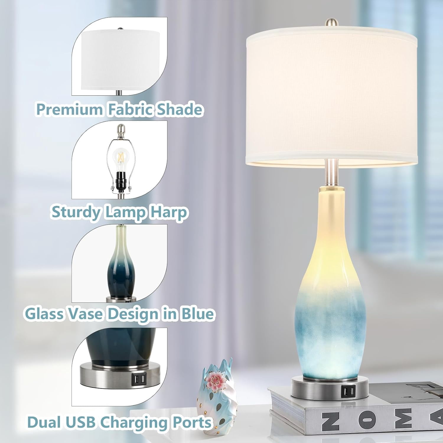 Nordic Hygge 26in Tall Glass Table Lamps Set of 2 with 2 USB Charging Ports & LED Nightlight