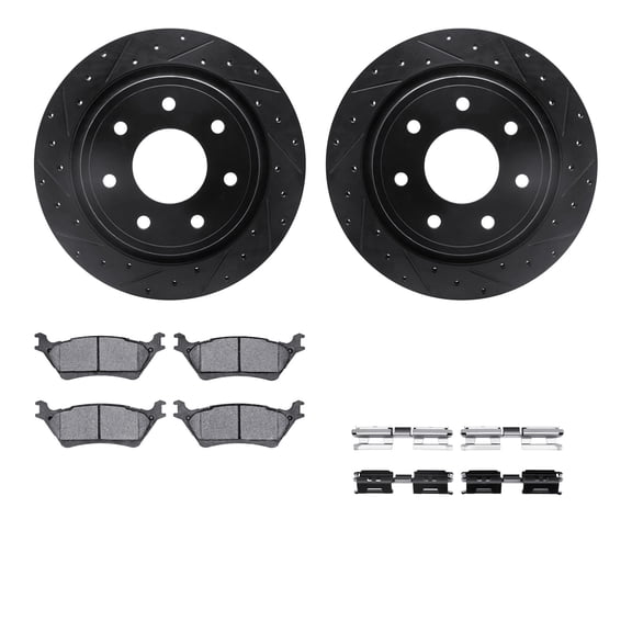 Dynamic Friction Company Rear Brake Rotors-Drilled and Slotted-Black with 5000 Advanced Brake Pads includes Hardware 8512-54207
