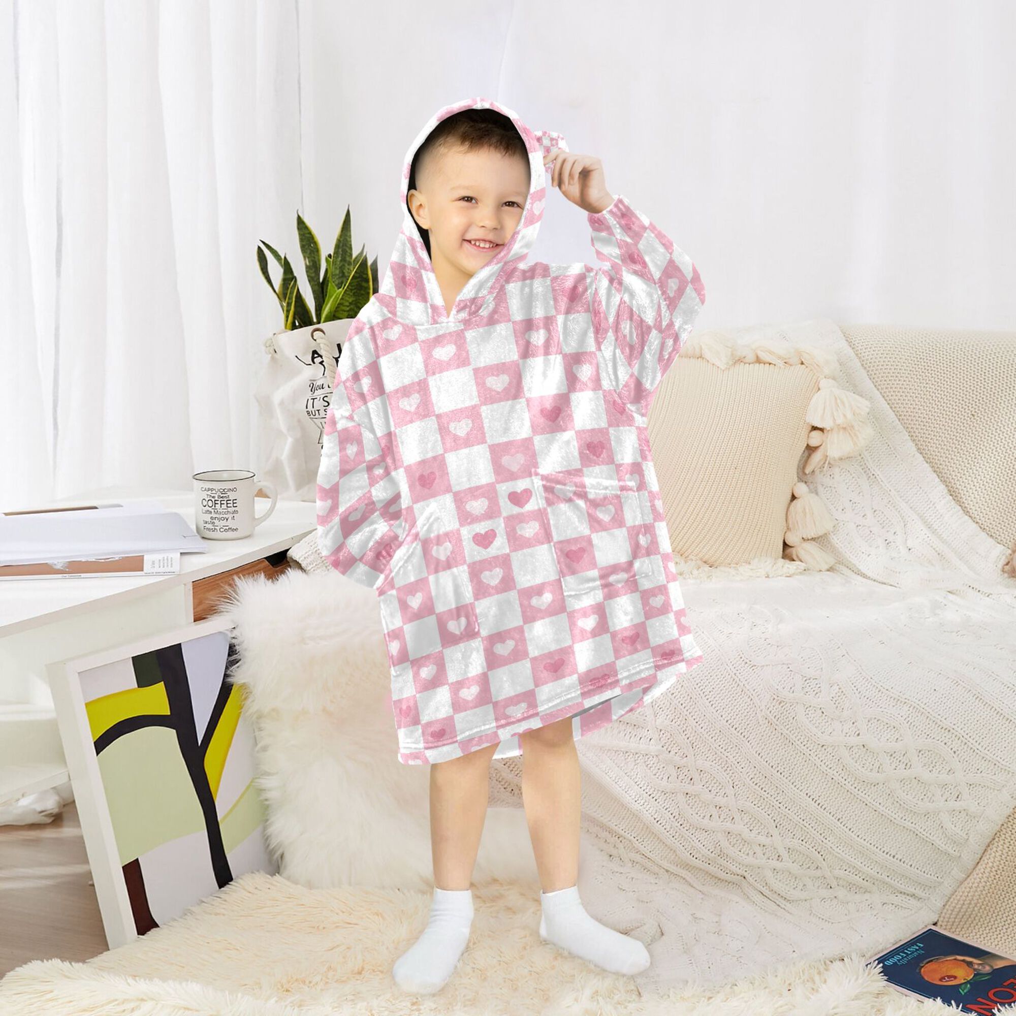 FORMRS Wearable Blanket Hoodie with Sleeves for Kids Cozy Flannel Sweatshirt, Pink Checkered Heart
