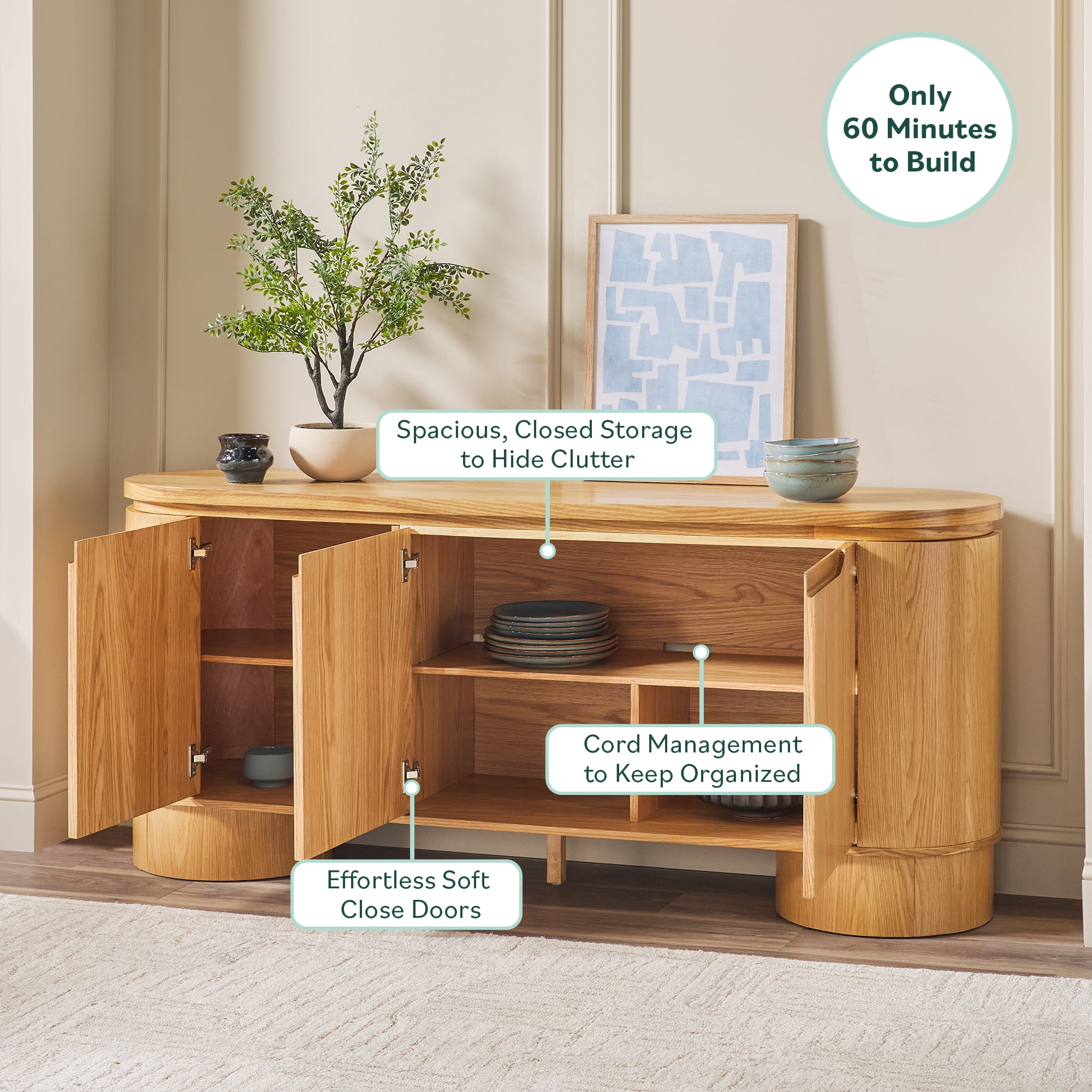 Walker Edison Modern Large Curved Wood Sideboard TV Stand, White Oak
