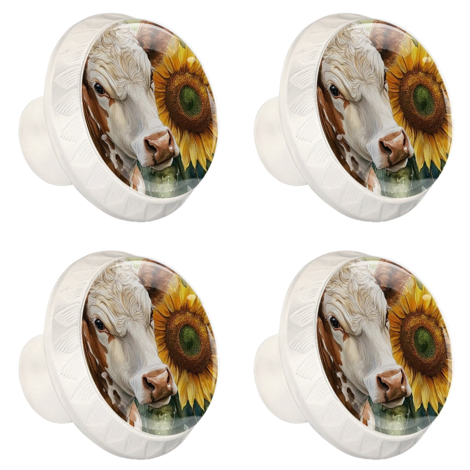 4 Pcs Cow and Sunflower Knobs for Kitchen Cabinet Cupboard Dresser Bookcase Drawer Pulls Handles Round Home Decor