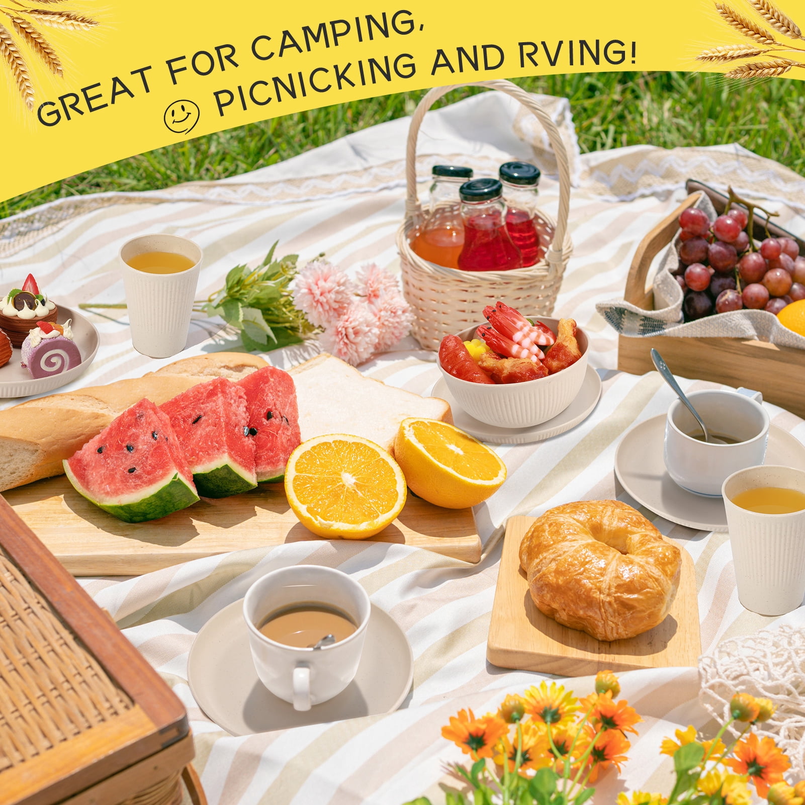 Bocaoying 18 Pcs Wheat Straw Dinnerware Sets, Unbreakable Dinnerware Sets Kitchen Cups Plates and Bowls Sets Plates Set Reusable Microwave Dishwasher Safe