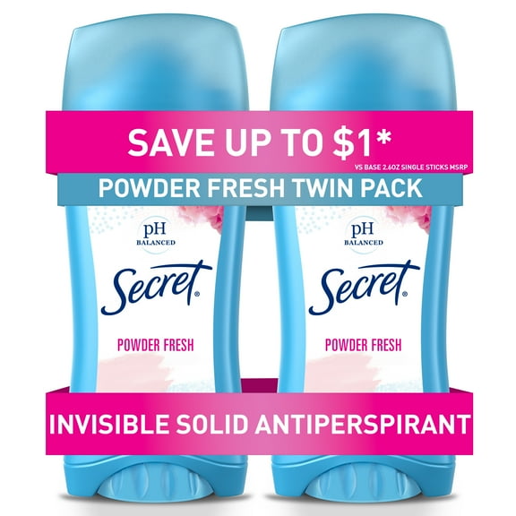 Secret Invisible Solid Antiperspirant Deodorant Stick for Women, Powder Fresh, 2.6 oz Each, 2 Pack