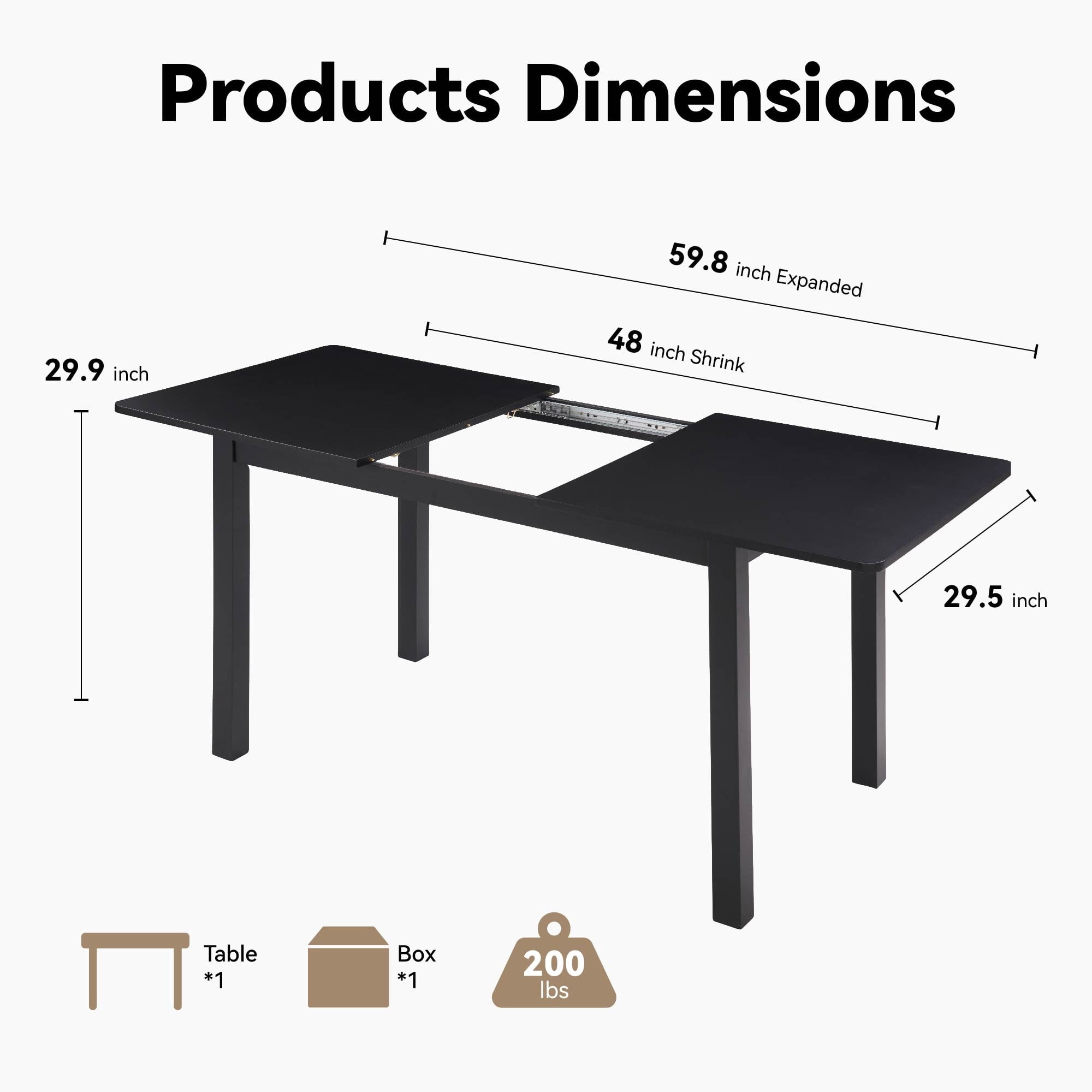 MAYEERTY 59'' Extendable Dining Table – Modern Wooden Kitchen Table for 4-8 People, Space-Saving Design for Dining Room, Office, and Living Room,Black