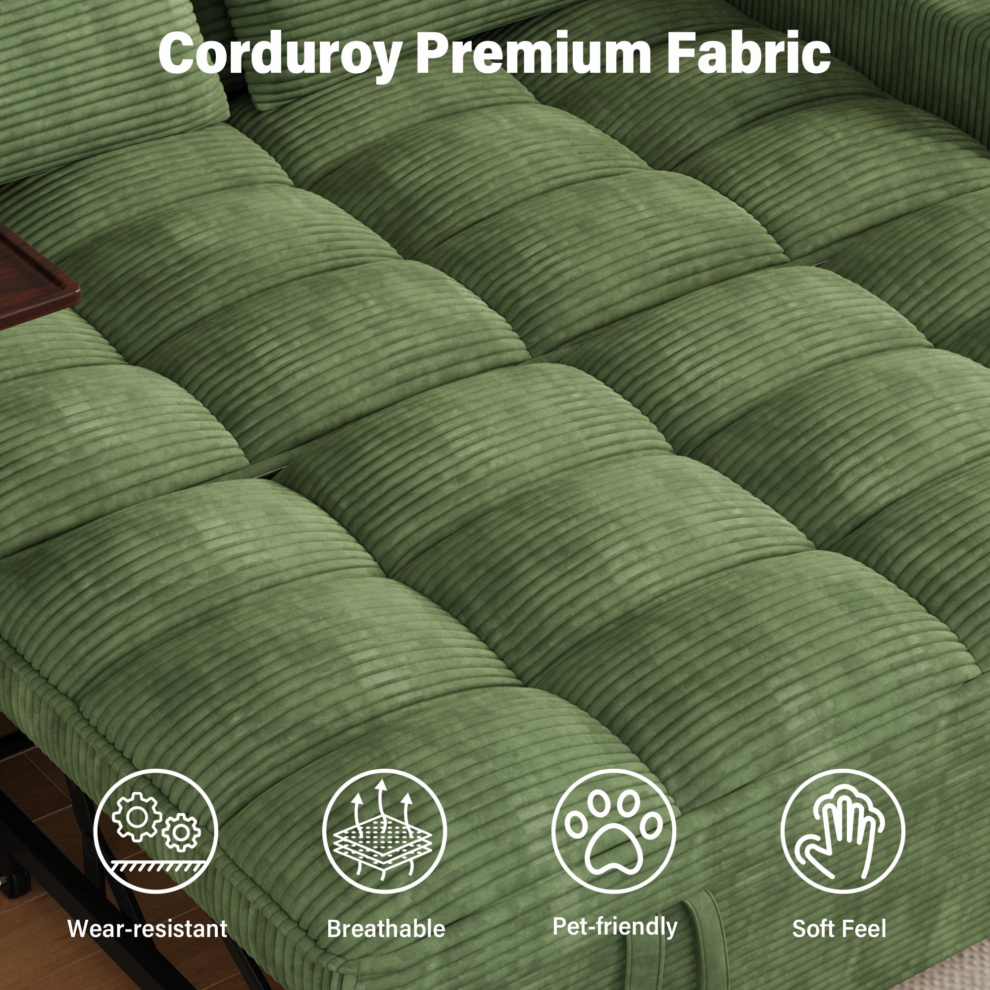 Aukfa 65"W Convertible Sofa Bed with Storage, 3-in-1 Corduroy Queen Sleeper Sofa Couch with 360° Swivel Side Table & USB /Type-C Ports,Green
