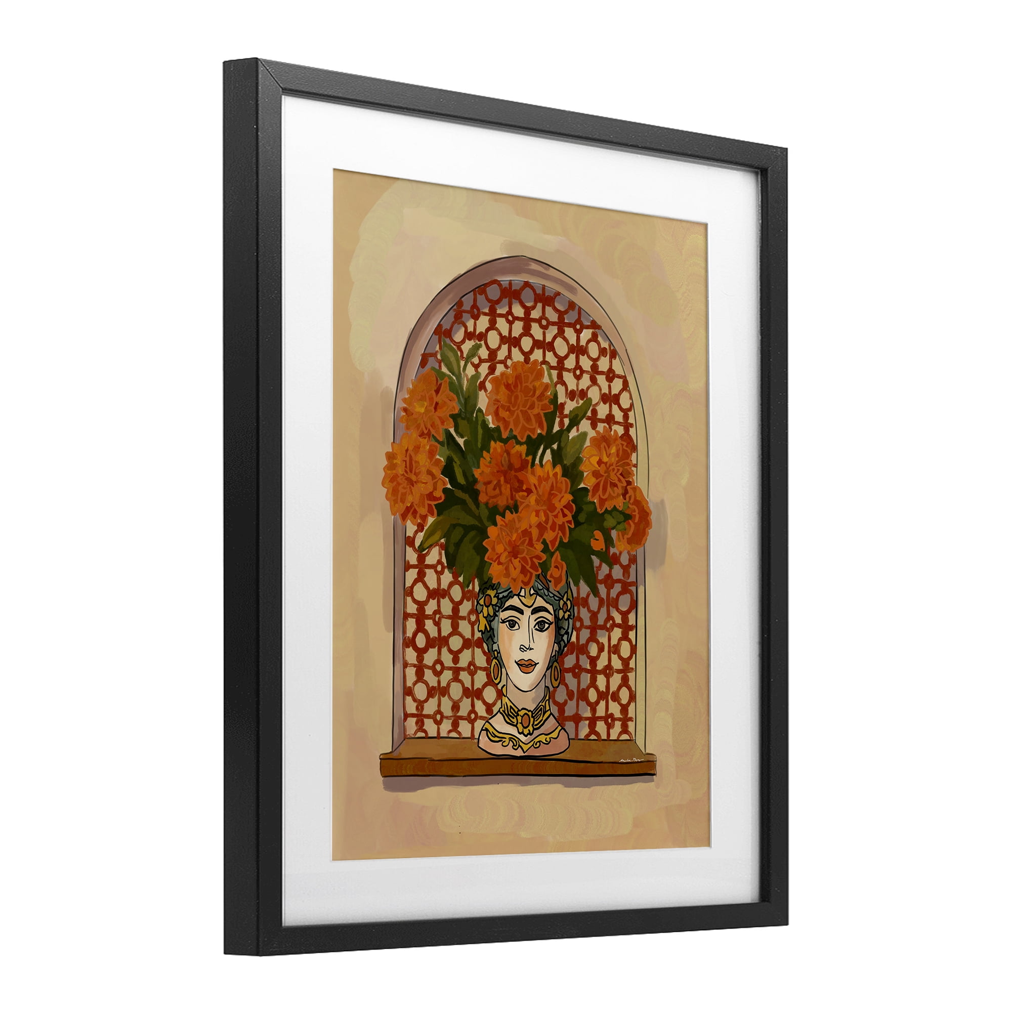 Stupell Industries Ornate Flower Head Vase Black Framed Print Under Glass, design by Amelia Noyes