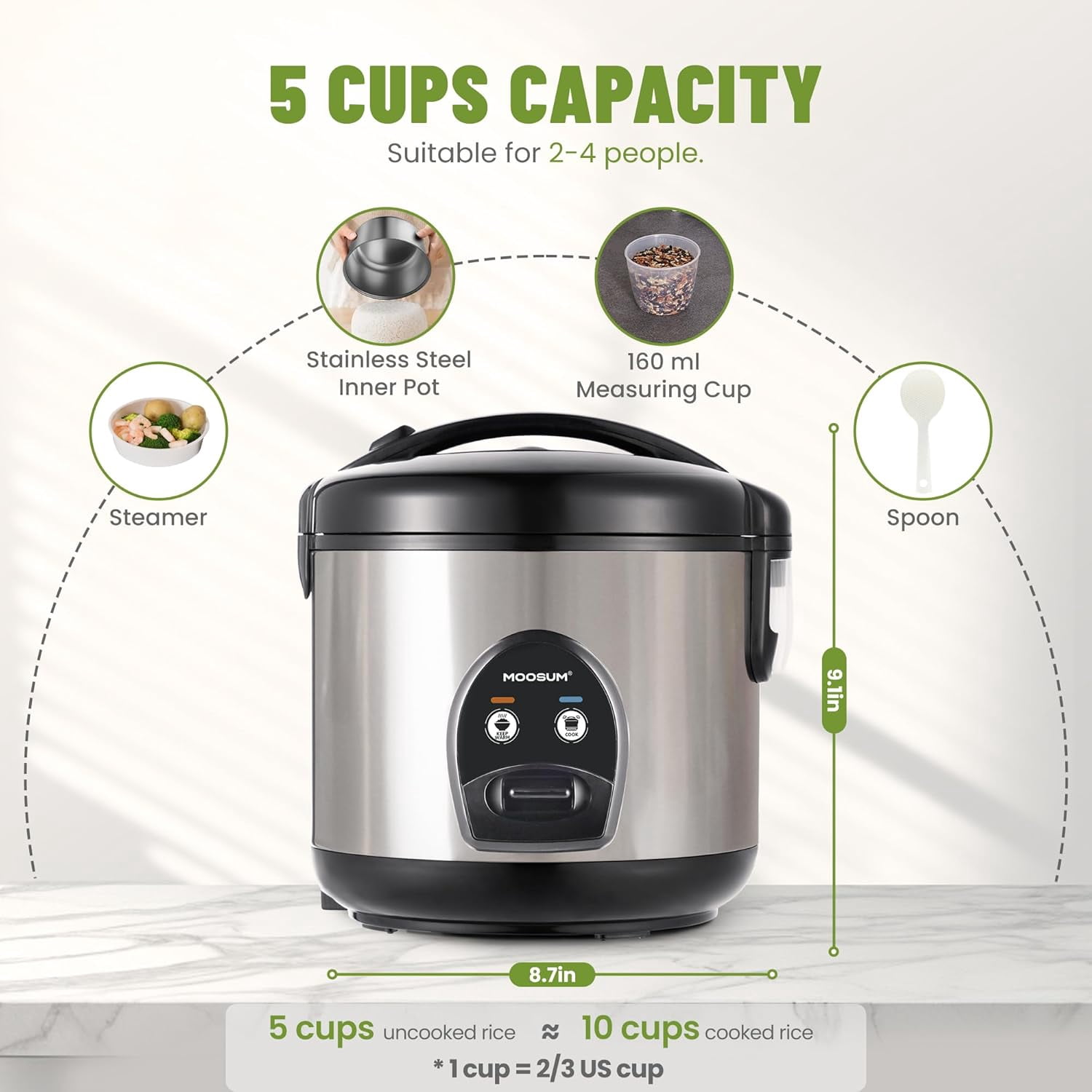 5-Cup Uncooked Rice Cooker Electric One-Touch for Asian Japanese Sushi Stainless Steel Inner Pot with Removable Lid Steamer Automatic  Warm Silver