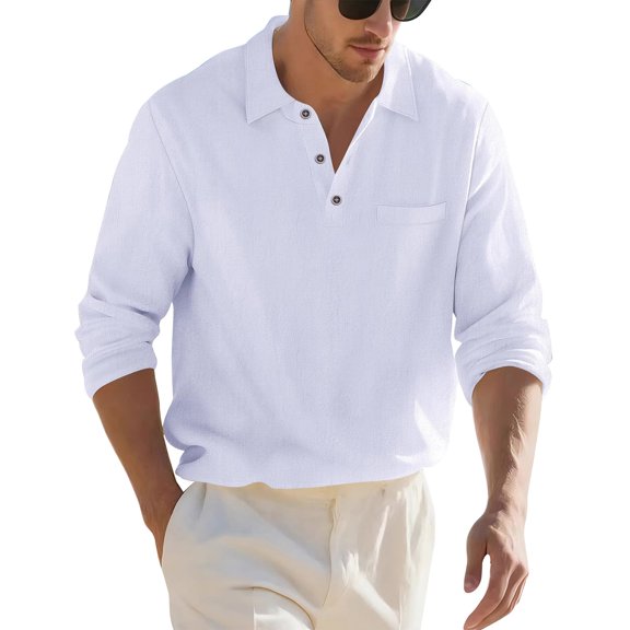 Fabrcox Linen Polo Shirts for Men Lapel Button Up Long Sleeve Shirt for Men Travel Summer Men Beach Shirts with Pocket White XL