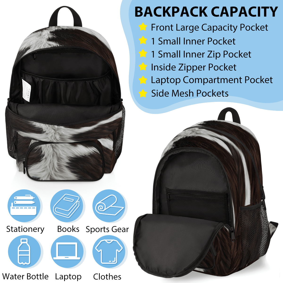 Herdesigns Cow Print Western Animals Large Backpack Set with Lunch Box Lightweight Water Resistant Travel Laptop Backpacks Casual Daypacks for Women Men