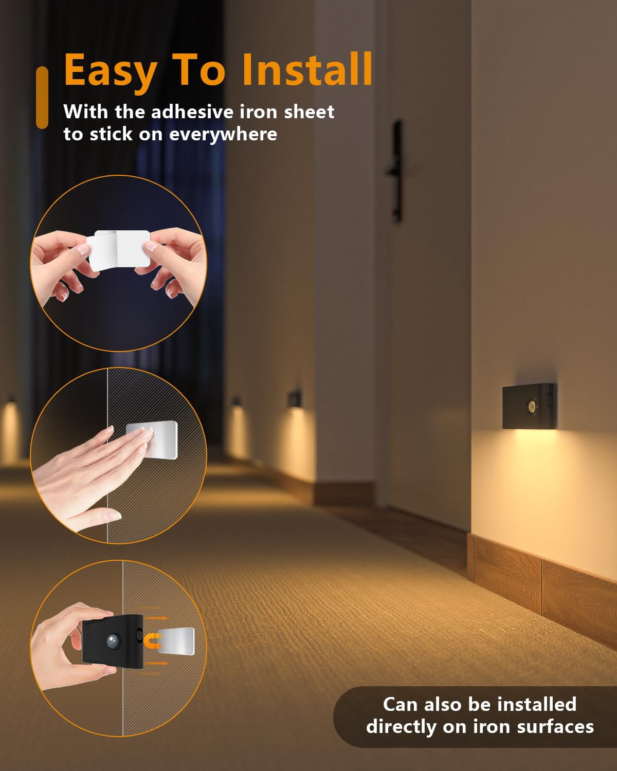 WILLED Stair Lights Indoor, Rechargeable Motion Sensor Night Lights, Battery Operated, Warm White, Wireless Stick on Light for Hallway Entry Stairs Bathroom Kitchen Garage Laundry, 3 Pack