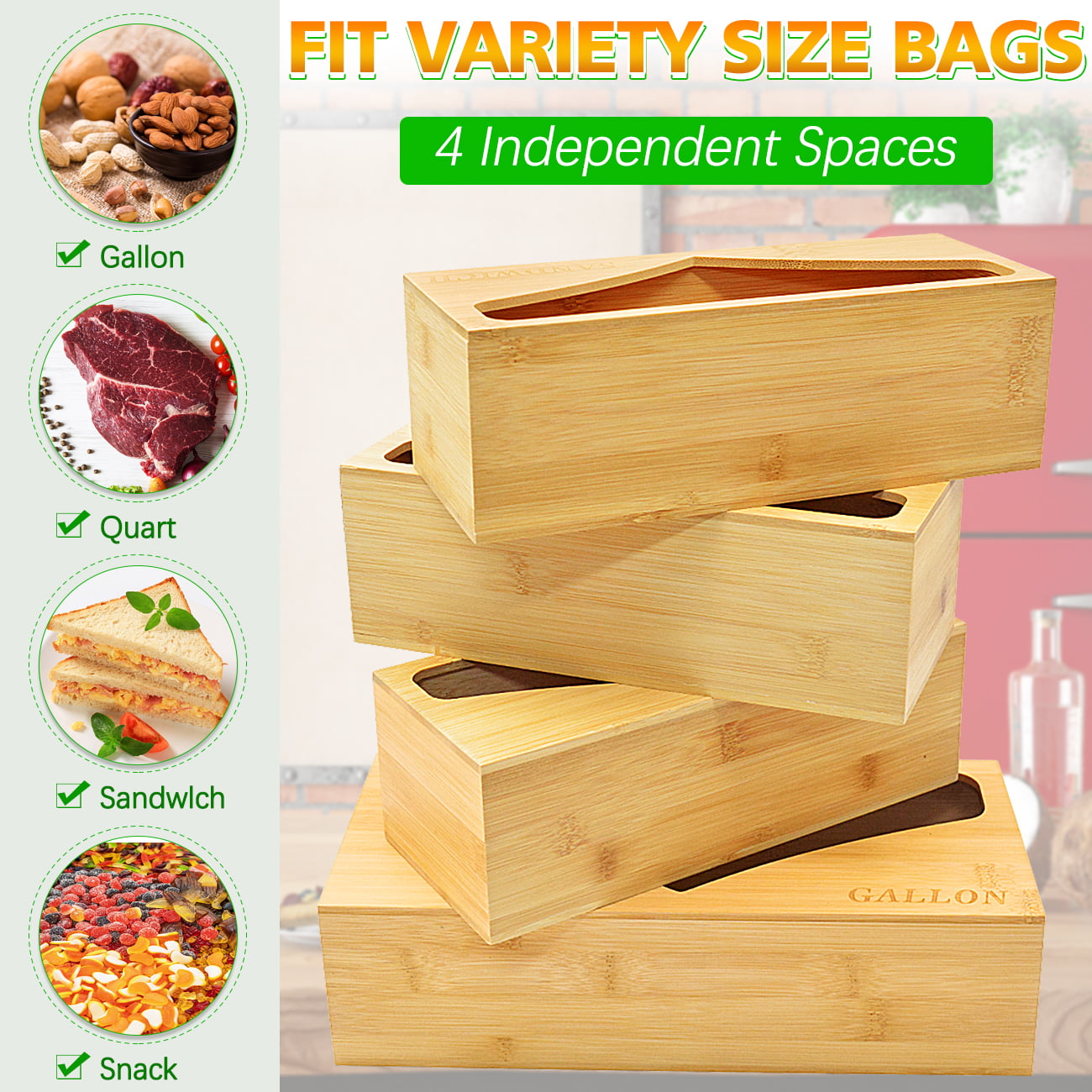 ROMUCHE Bamboo Ziplock Bag Storage Organizer Food Storage Bag Organizer  Plastic Wrap Organizer Sandwich Bag Organizer Suitable for Kitchen Draw  Gallon Sandwich Snack & Quart 