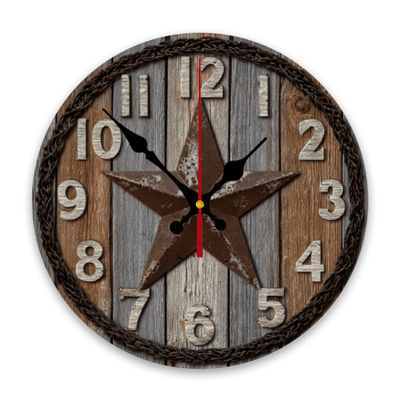 1pc Rustic Western Barn Wood Round Wall Clock with Star hands face - Wood Grain, -to- Numbers, Battery- Farmhouse Decor for Living Room, Bedroom, Dorm - 10inch x 10inch (Compatible with Ru