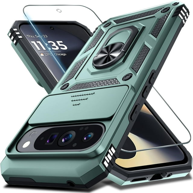 KOMI Case Compatible with Google Pixel 9 Pro XL Built in Slide Camera Lens Cover+Screen Protector+Finger Ring Holder Kickstand,Heavy Duty Shockproof Full Body Protective Phone Cover, Dark Green