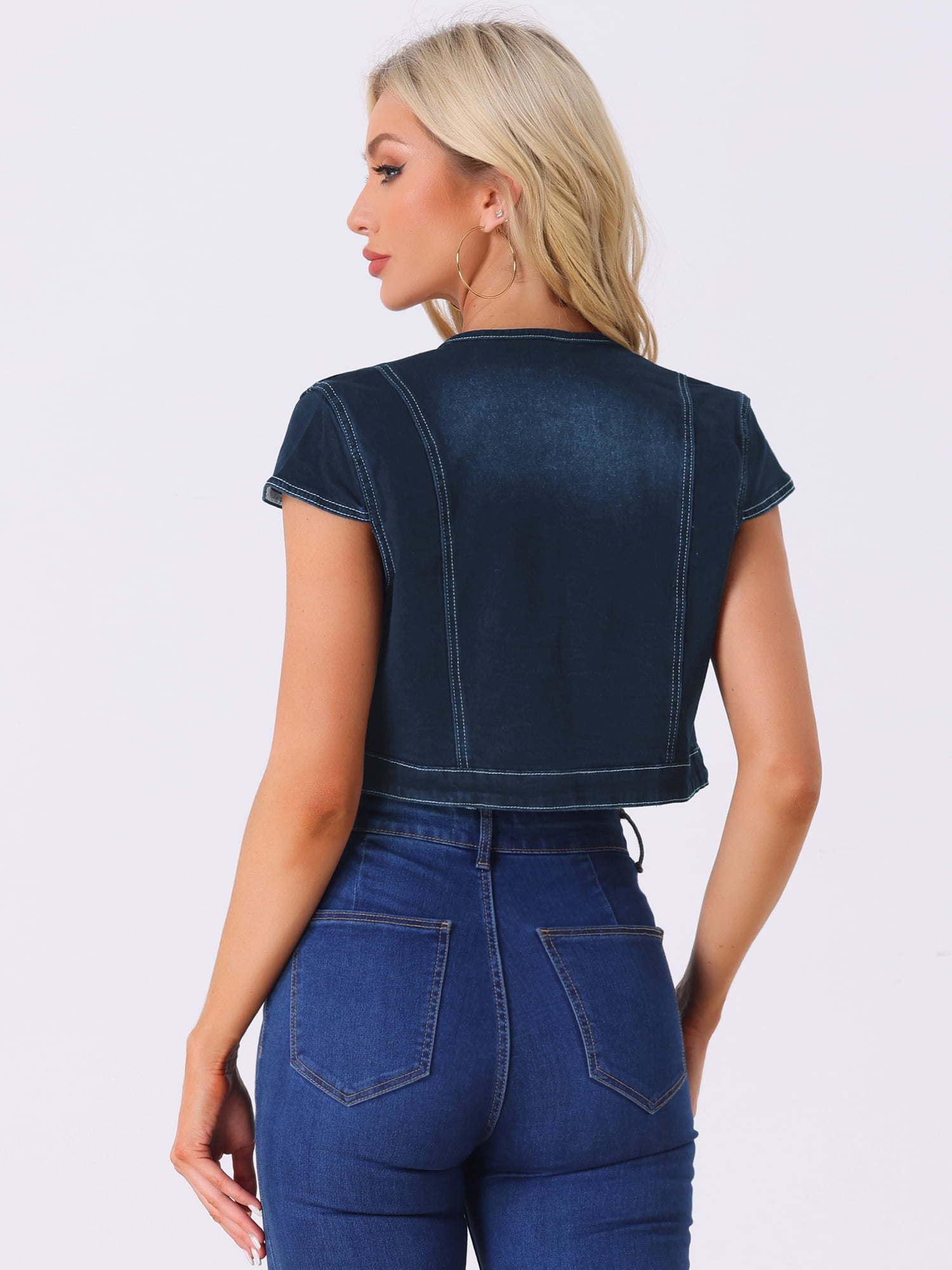 DARING DIVA Women's Crop Denim Cardigan Cap Sleeve Jean Jacket L Black Blue