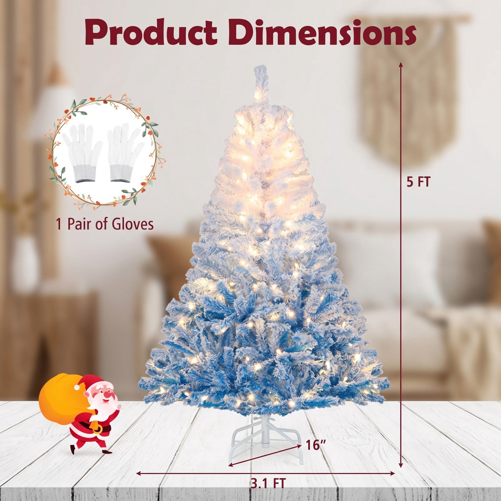 RUIE 5 FT Artificial Christmas Tree with 180 Warm White LED Lights and 8 Modes, Snow Flocked Hinged Prelit Xmas Tree with Foldable Metal Stand, White & Blue