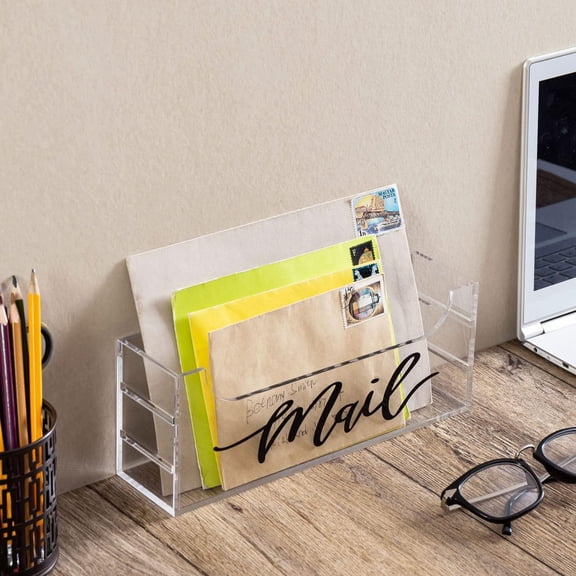 MyGift Smoky Gray Acrylic Mail Holder – Modern Wall Mounted or Freestanding Mailbox with White Script Label for Home & Office