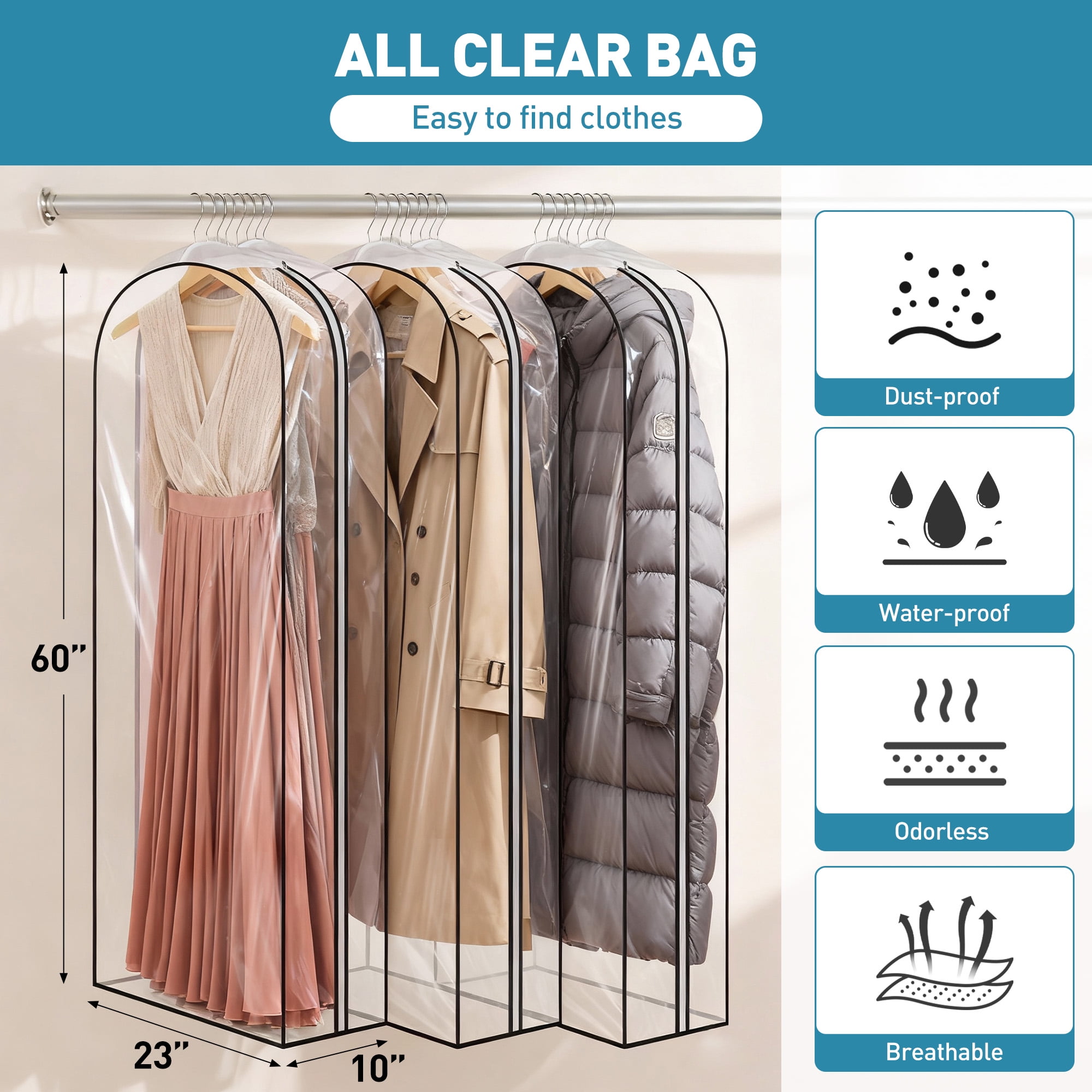 DAKOMM 60'' Extended Garment Bag for Hanging Clothes, 3 Pack 10'' Suit Bag for Storage, PEVA Waterproof & Odorless Garment Covers for Clothes, Gowns, Long Fur Coats, Dresses