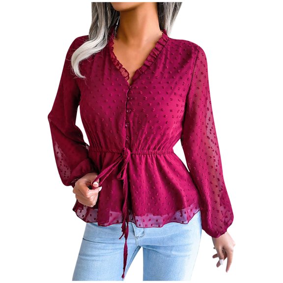 Ichuanyi Womens Fall Tops, Fashion Women Casual Long Sleeve Polka Dots Print Chiffon Shirt Knotted Shirt Lantern Sleeve Tops