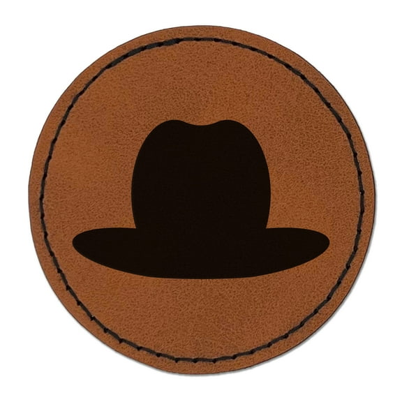 Cowboy Hat Solid 2.5" Faux Leather Round Engraved Iron-On Patch - Brown