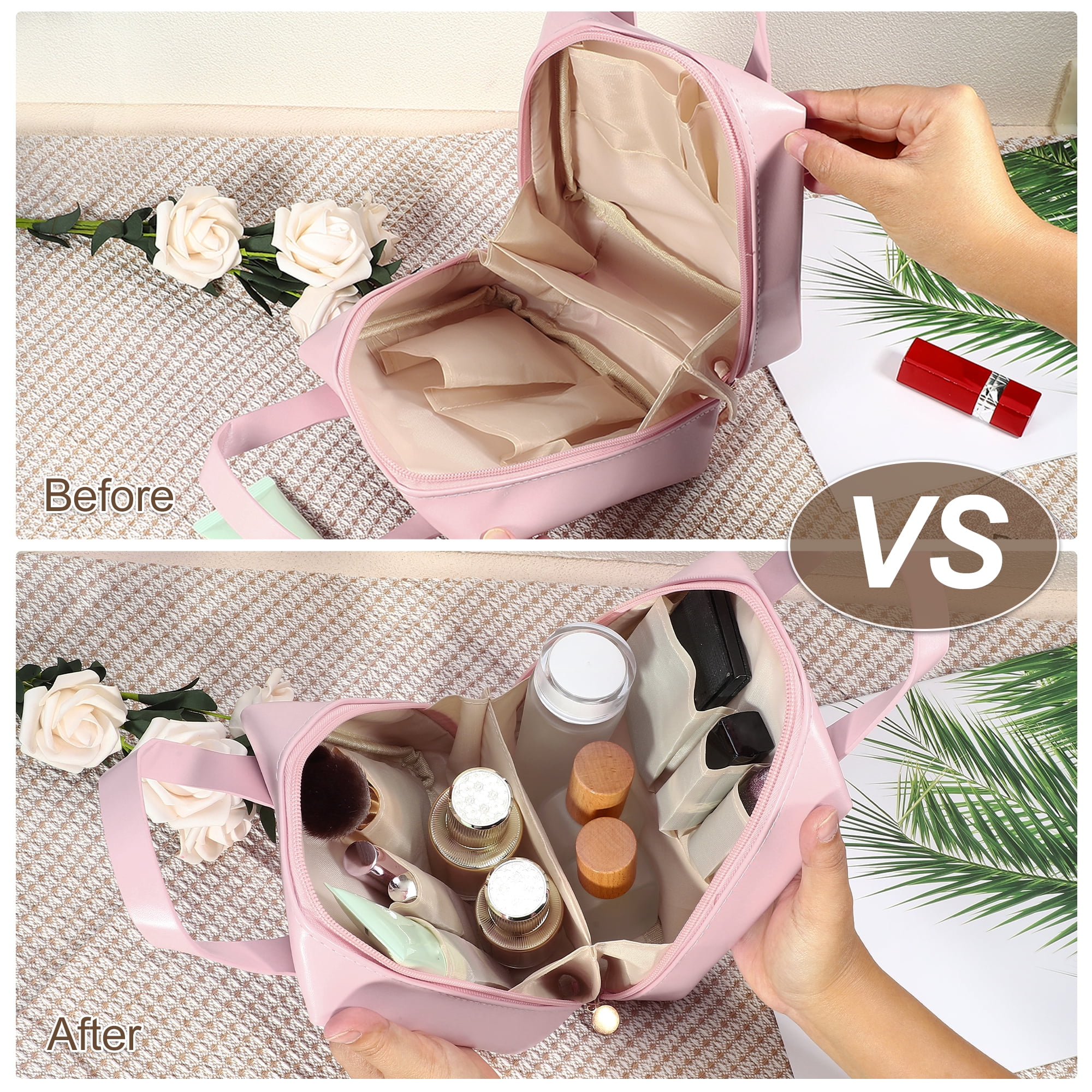 Unique Bargains Portable Makeup Bag Large Capacity Travel Makeup Pouch with Handle Pink