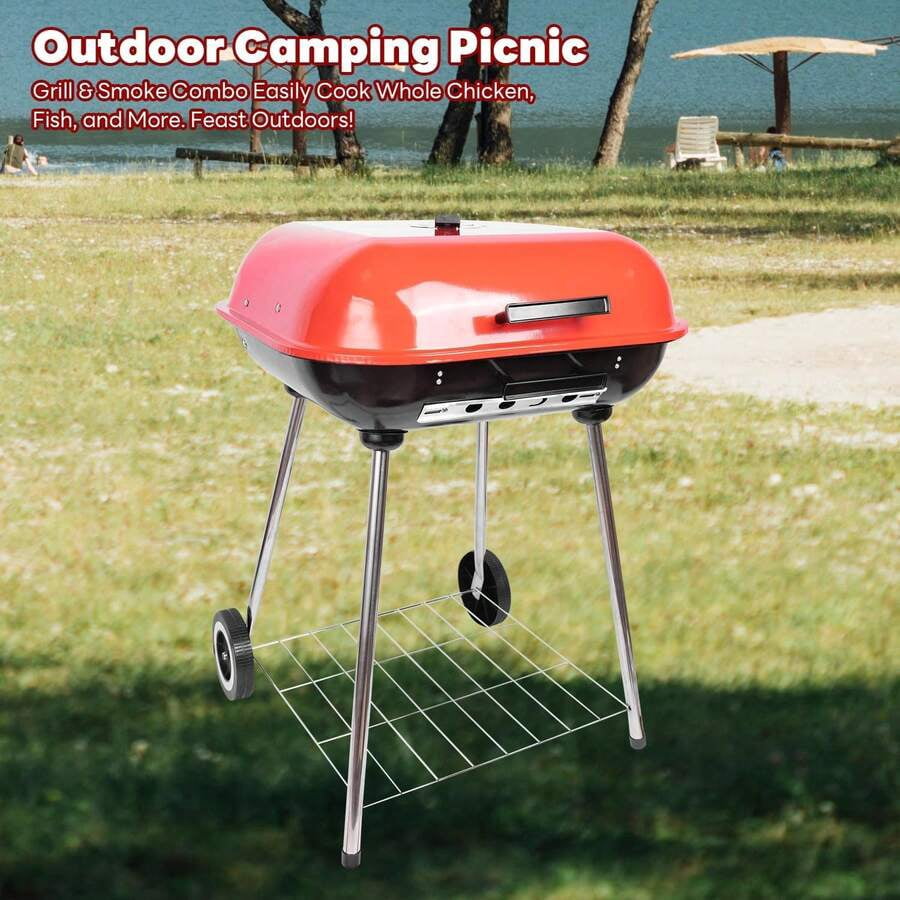 22inch Portable Charcoal Grill, Red Charcoal Grill With Portable Wheel And Handle, Suitable Cooking, Camping And Picnic(Red)