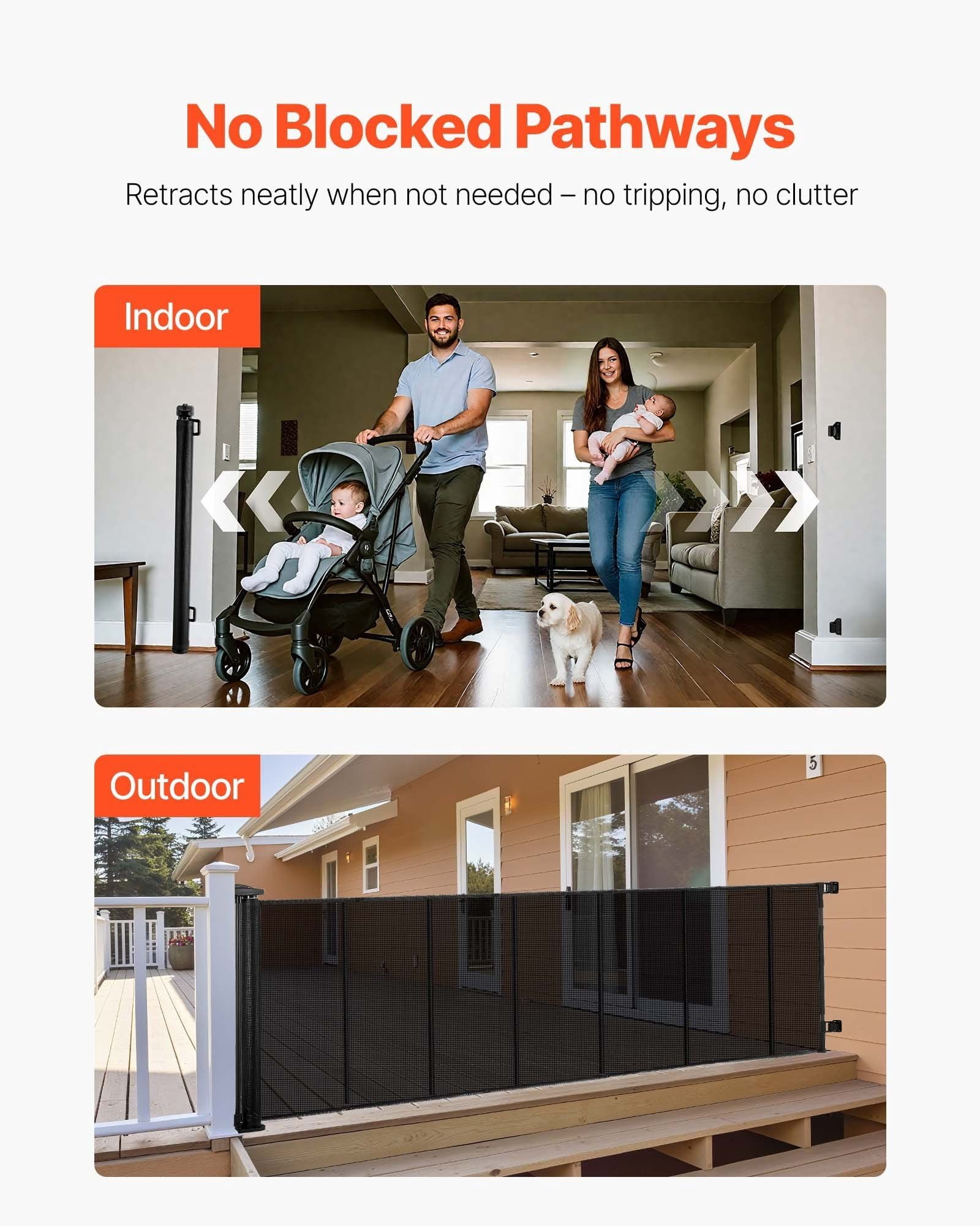 Retractable Baby Gate, Extends to 120 inch Extra Wide, 38.5 inch Tall, with Reinforced Fiberglass Strips, Avoids Crawling Through, Mesh Dog Gate for Decks, Doorways, Garages, Indoor, Black