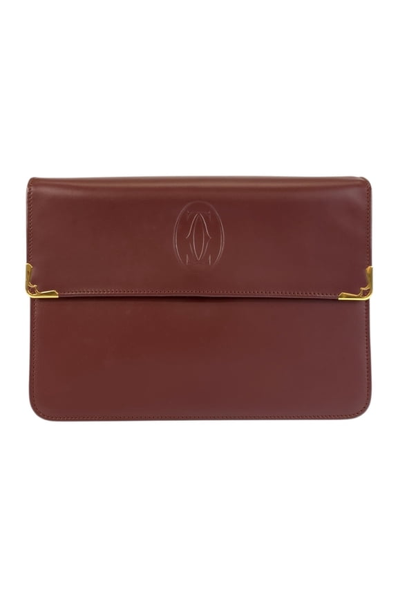 Pre-Owned CARTIER Vintage Must Line Bordeaux Leather Clutch Bag with Gold Hardware for Men
