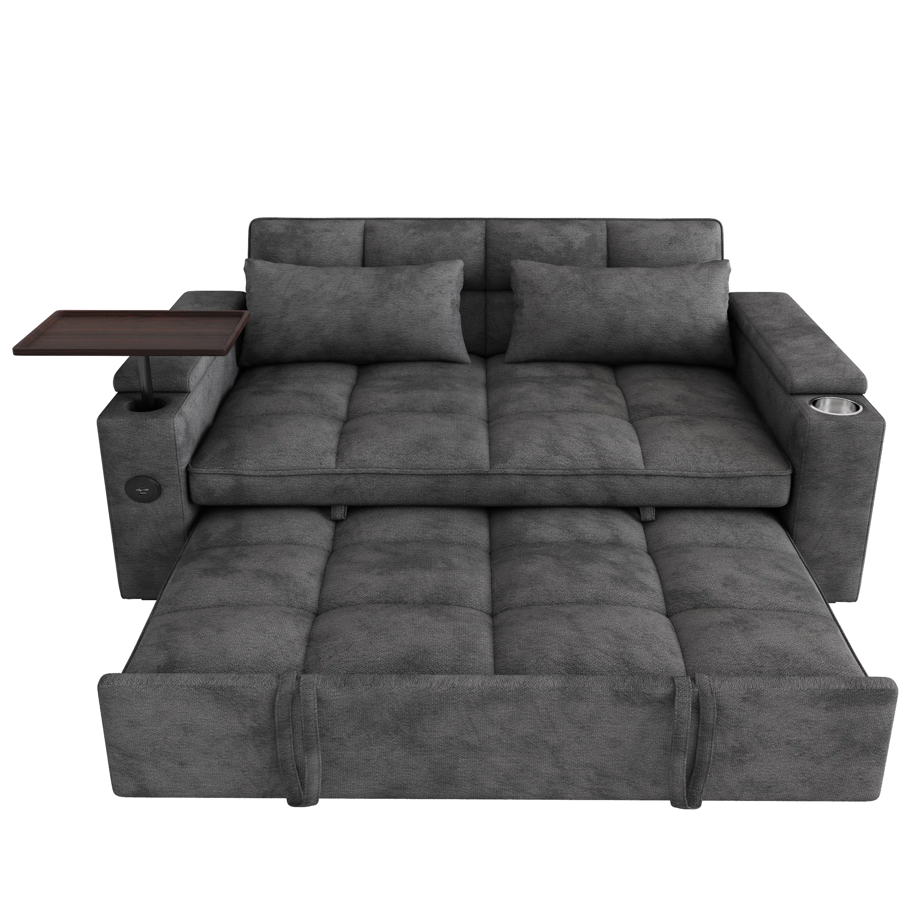 Aukfa 65"W Convertible 3-in-1 Sofa Bed with Storage, Queen Chenille Sleeper Couch with USB/Type-C Ports & Rotating Side Table,Gray