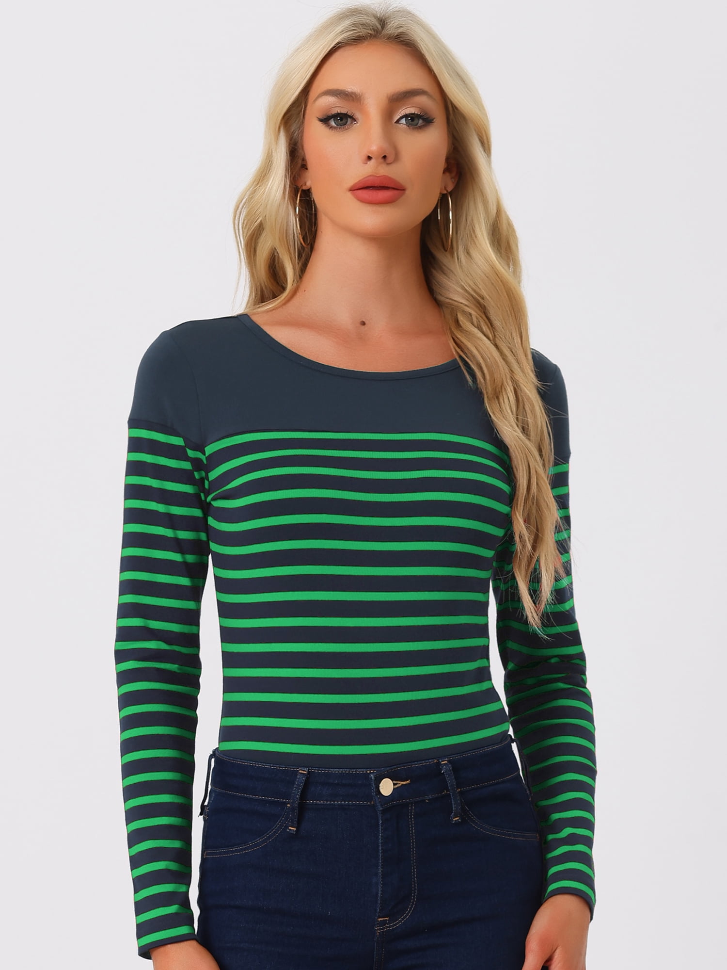DARING DIVA Women's Color Block Striped Knit Top Long Sleeves T-Shirt M Navy Blue Green