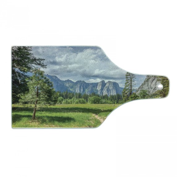 Yosemite Cutting Board, Yosemite Valley Meadows with Trees Fluffy Clouds Cliff Tourist Attraction Picture, Tempered Glass Cutting and Serving Board, Wine Bottle Shape, Grey Green, by Ambesonne