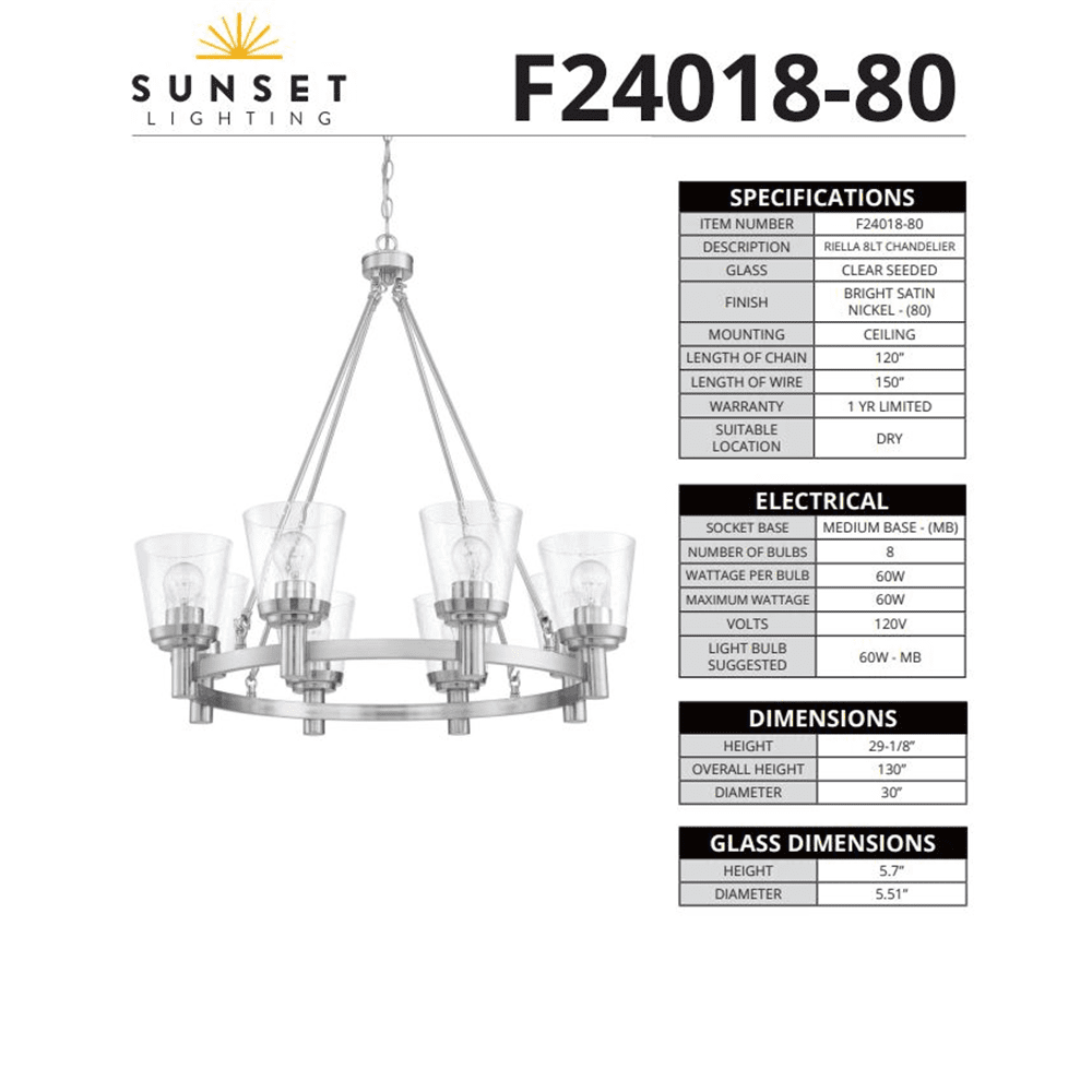 Sunset Lighting Riella 8Lt Mb Chandelier With Clear Seeded Glass Bright Satin Nickel F24018-80