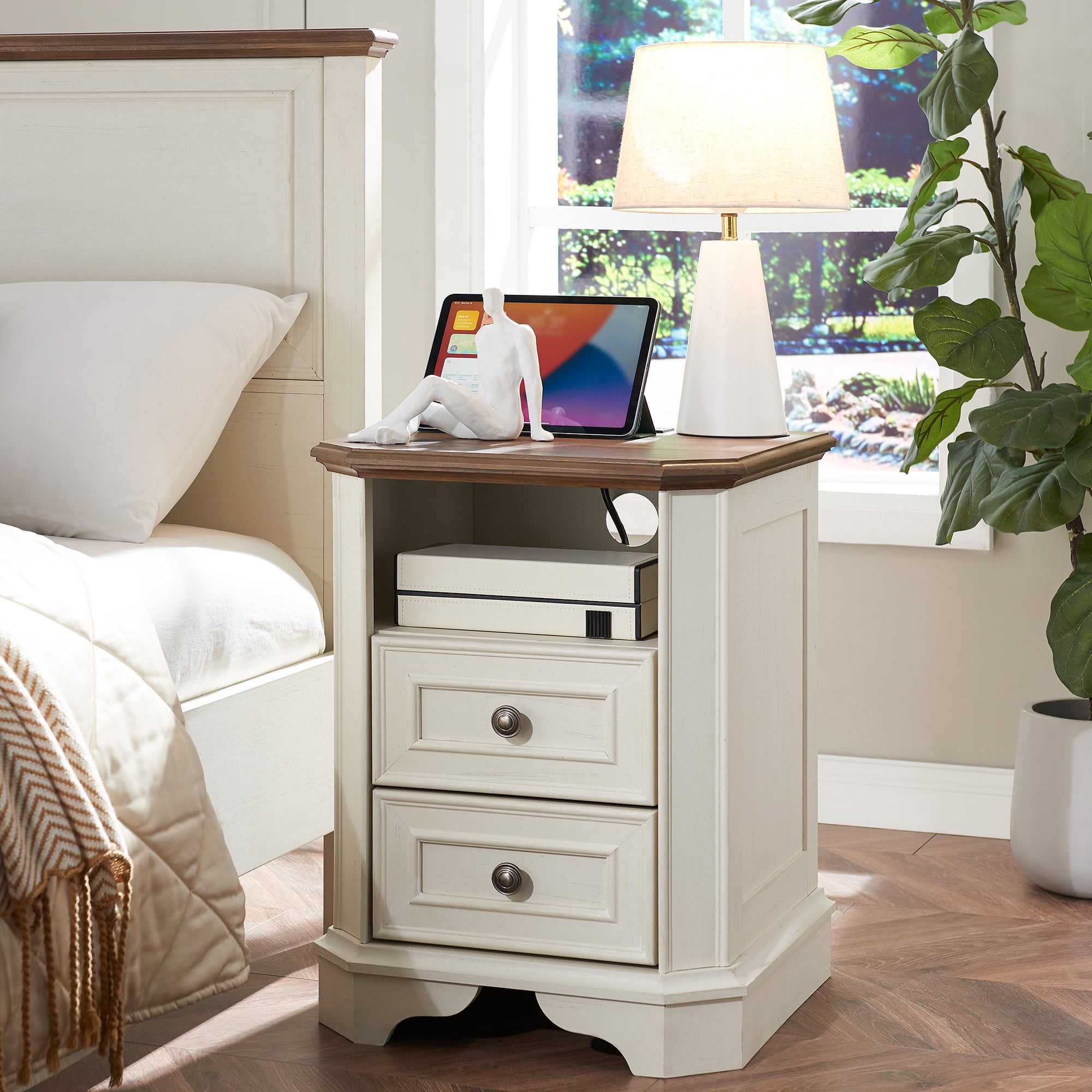 OKD 2-Drawer Nightstand with Charging Station, Farmhouse End Table with USB Ports for Living Room or Guest Room, Antique White