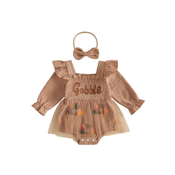 Cjfdfy Newborn Baby Girl Thanksgiving Outfit Turkey Or Homemade Rolls Long Sleeve Smocked Romper Dress Headband Infant Cute My First Thanksgiving Fall Winter Clothes 0-18M