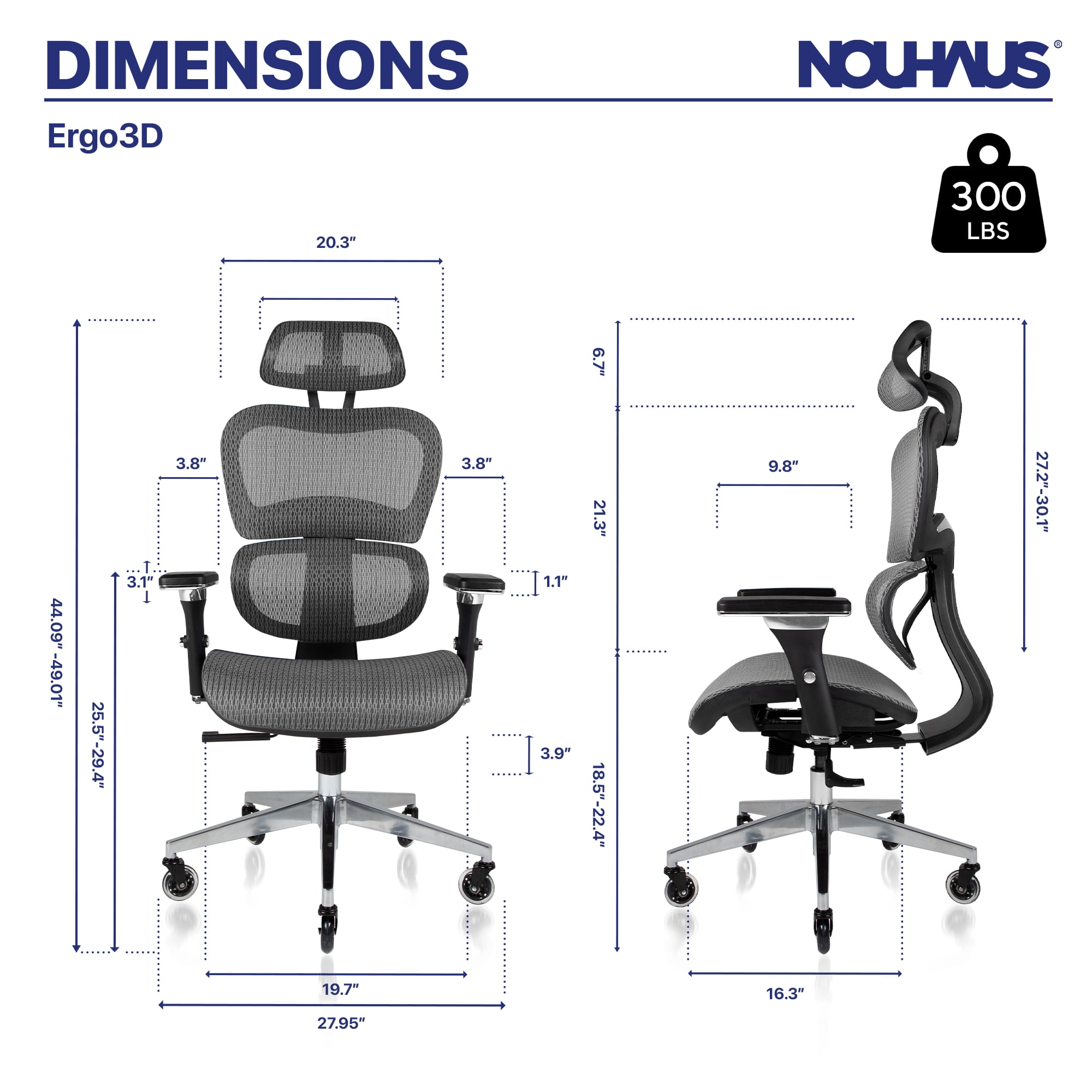 NOUHAUS Ergo3D Ergonomic Office Chair with Lumbar Support, Adjustable Headrest, 4D Armrests, Mesh High Back, Grey