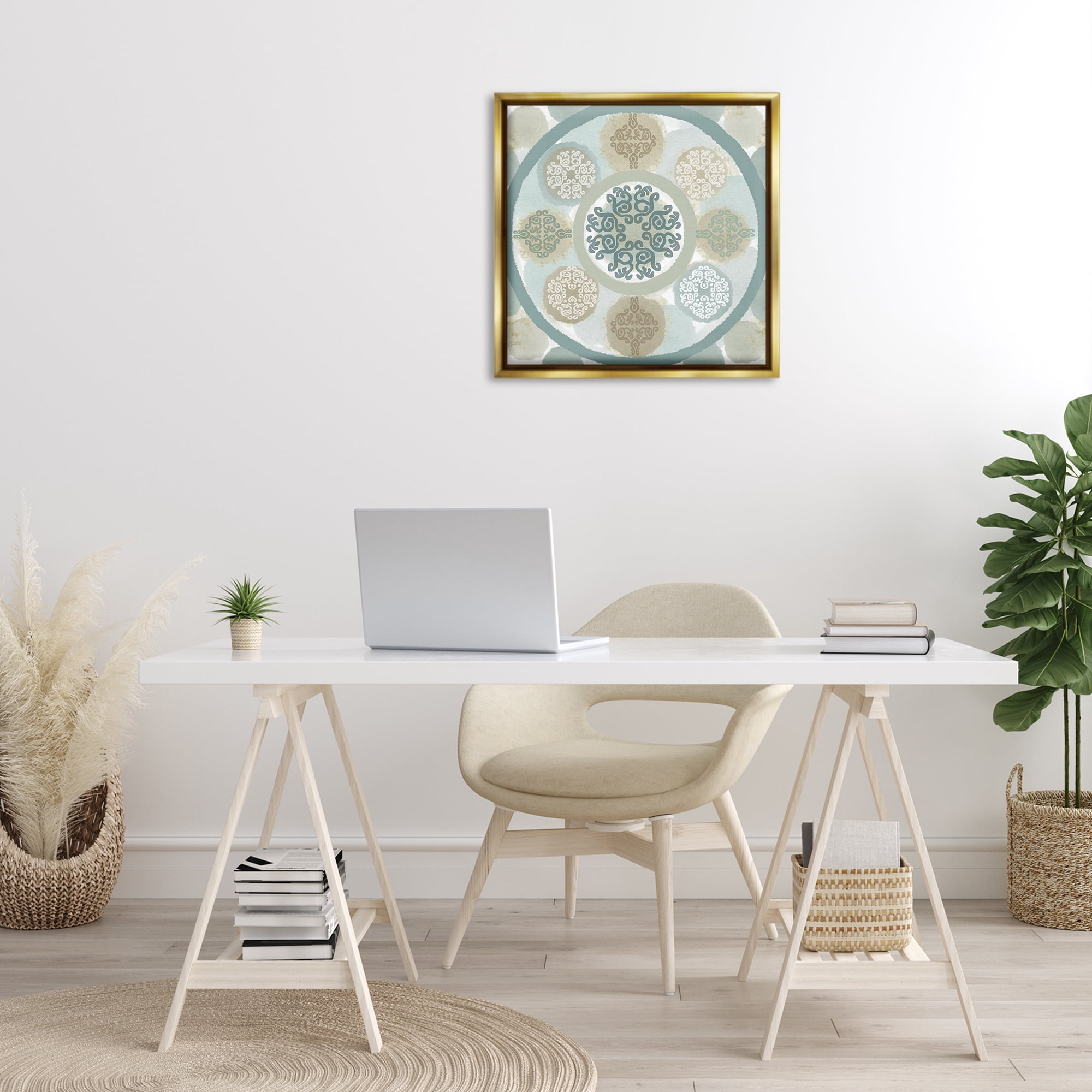 Stupell Industries Mint Mandala Fractals Abstract Painting Gold Floater Framed Canvas Art Print Wall Art, 25 x 25