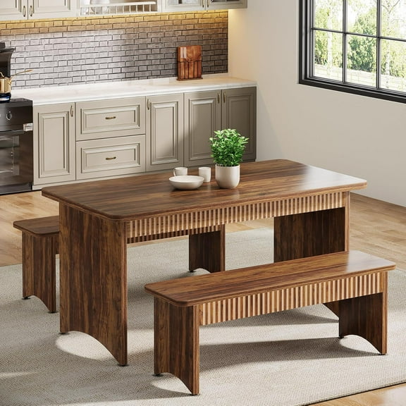 Tribesigns 3-Piece Dining Table Set: Farmhouse-inspired Rectangular Table with 2 Benches for 4-6 People