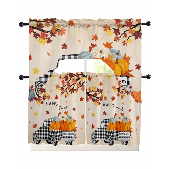 Happy Fall Swag Kitchen Curtains Sets for Windows 24 Inch Length, Thanksgiving Truck Pumpkin Maple Leaf Plaid Short Window Curtain Panels Swags Valances and Tiers 3 Piece Set for Cafe/Dining Room