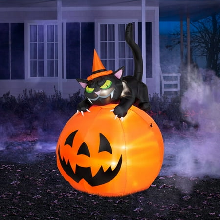 6' Tall Airblown Inflatable Halloween Cat Over Jack-o-Lantern
