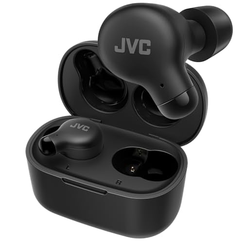 JVC New Marshmallow True Wireless Earbuds Headphones, Long Battery Life (up to 28 Hours), Sound with Neodymium Magnet Driver, Including Memory Foam Earpieces - HAA18TB (Black), Compact