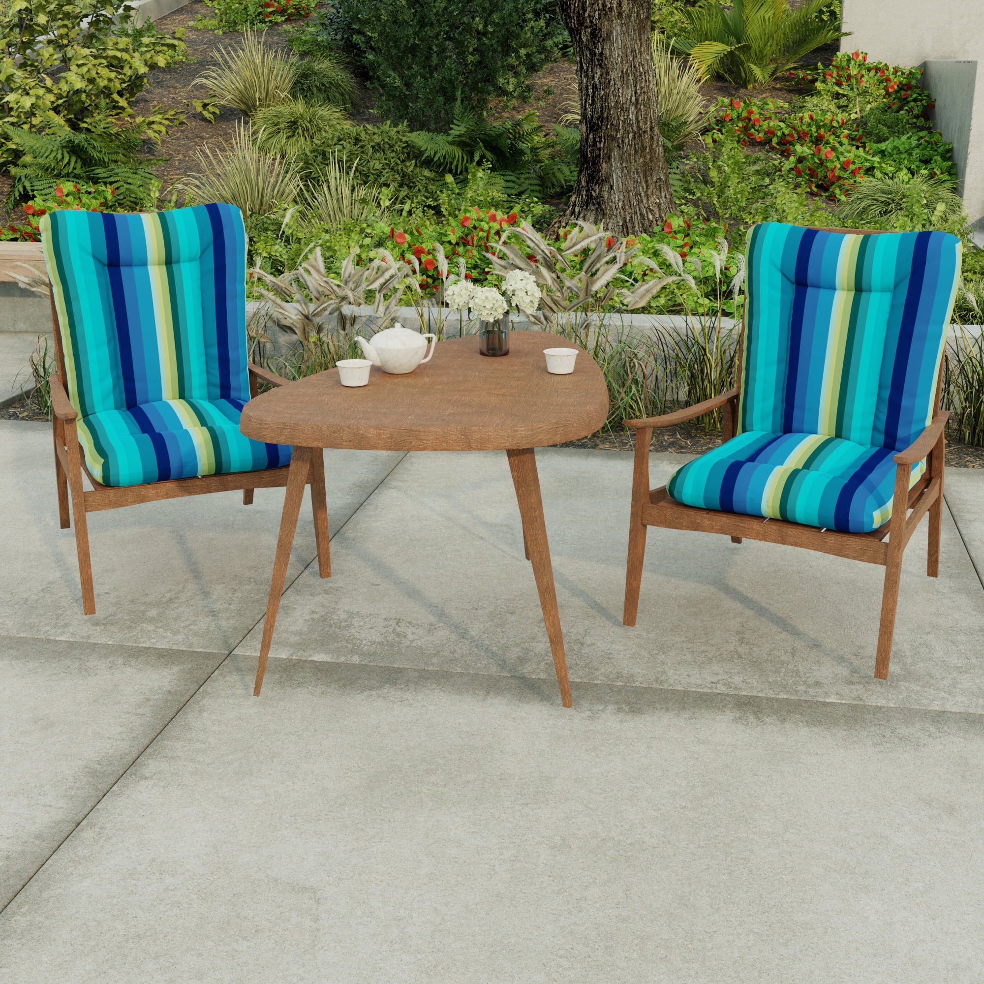 Jordan Manufacturing 38" x 21" Islip Teal Stripe Rectangular Outdoor Wrought Iron Chair Cushion with Ties and Hanger Loop