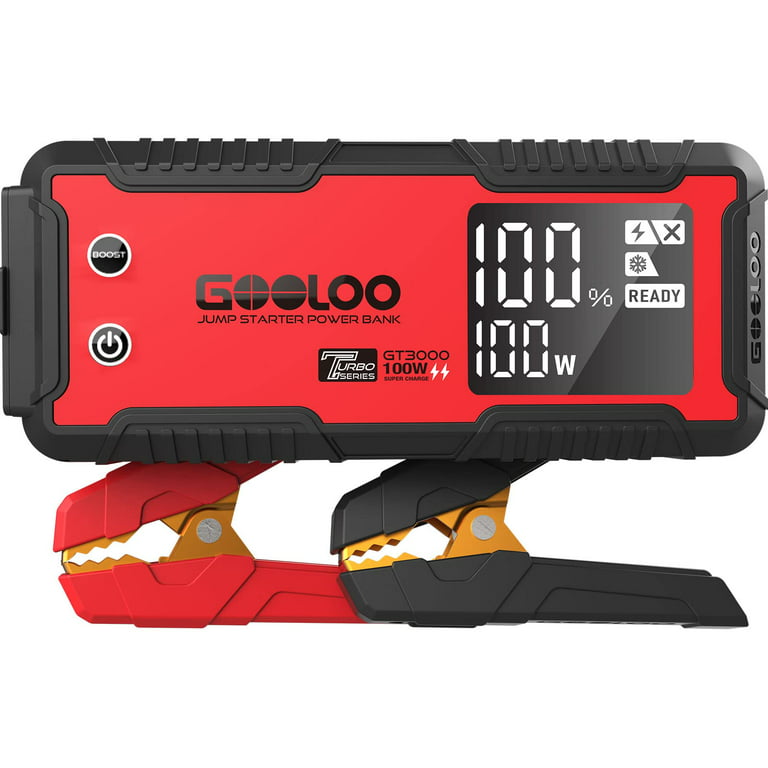 GOOLOO Car Jump Starter,3000A Peak 100W 2-Way Fast Charging Battery Jump  Starter for 10.0L Gas and 8.0L Diesel,IP65 12V Jumper Box Power Bank 