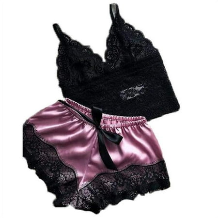 

Binpure Women Sexy Pajamas Lingerie Set Lace Trim Sleeveless Strap Top and Shorts Pajama