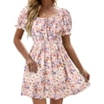 thumbnail image 3 of Square Neck Womens Boho Floral Smocked Short Sleeve Ruffle Beach Summer Mini Dress, 3 of 7