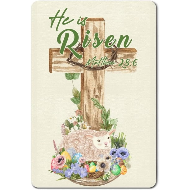 Letreros de metal retro "Él ha resucitado", cruz floral de Pascua, placa de hojalata, regalos cristianos, 12 x 8 pulgadas
