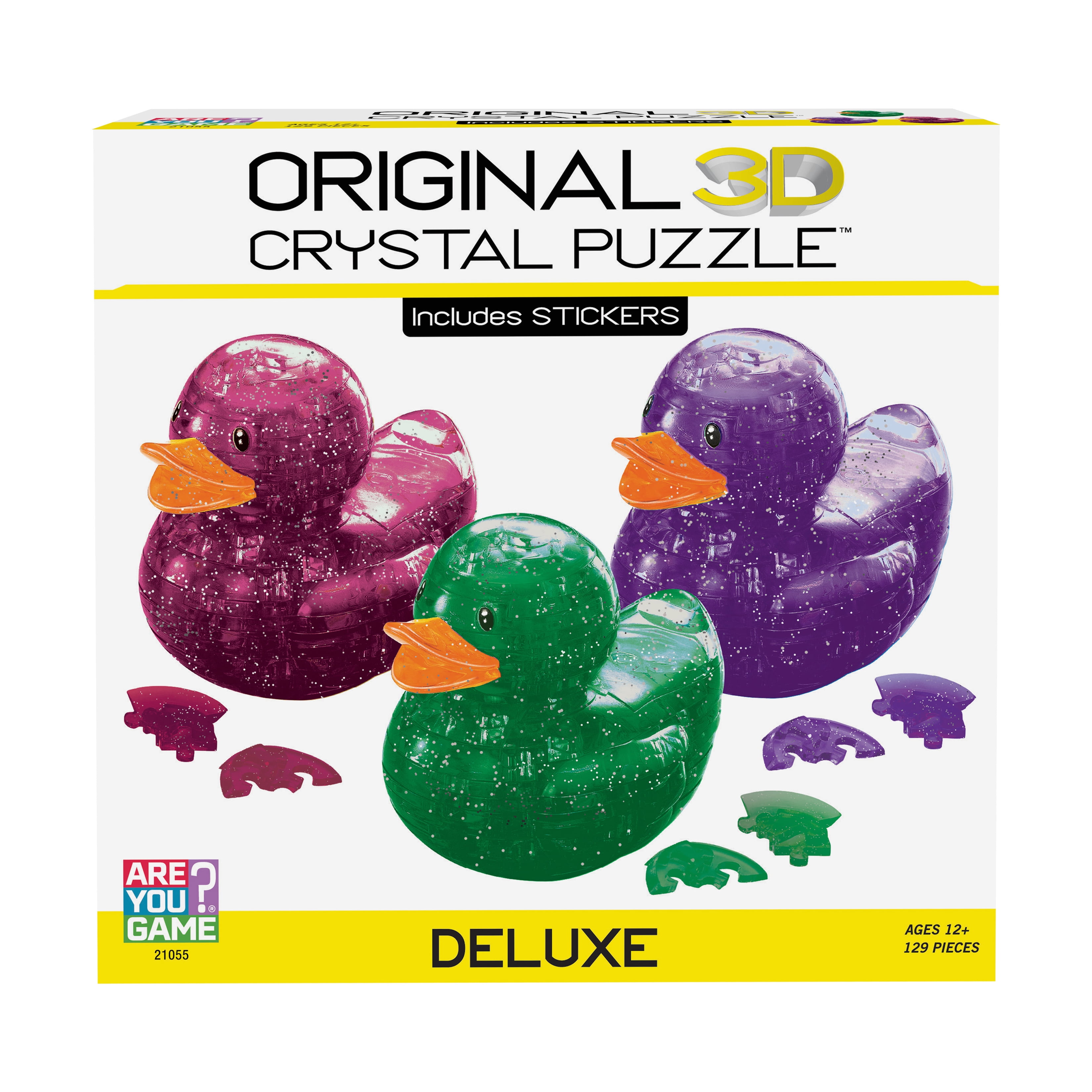 AreYouGame.com 3D Crystal Puzzle - Deluxe Rubber Ducks 3-Pack with Stickers (Green/Purple/Maroon Jewel Tones): 129 Pcs