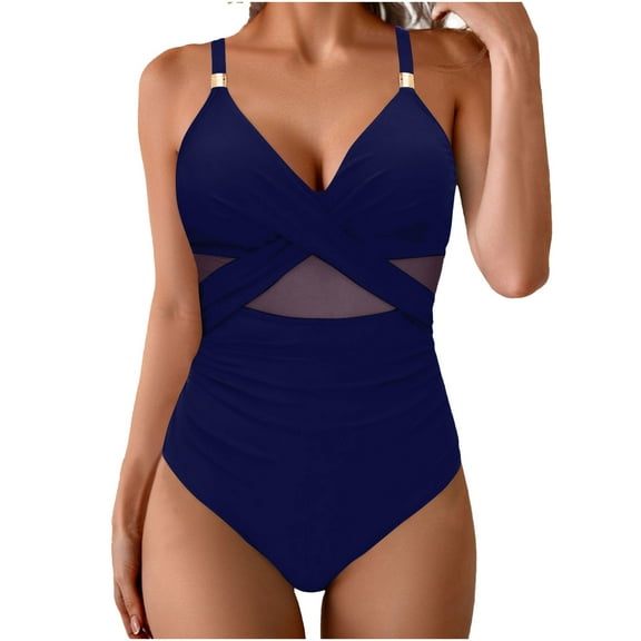 Miqool Women's One Piece Swimsuits Mesh Sheer V Neck Tummy Control Bathing Suit Criss Cross Ruched Slimming Swimwear
