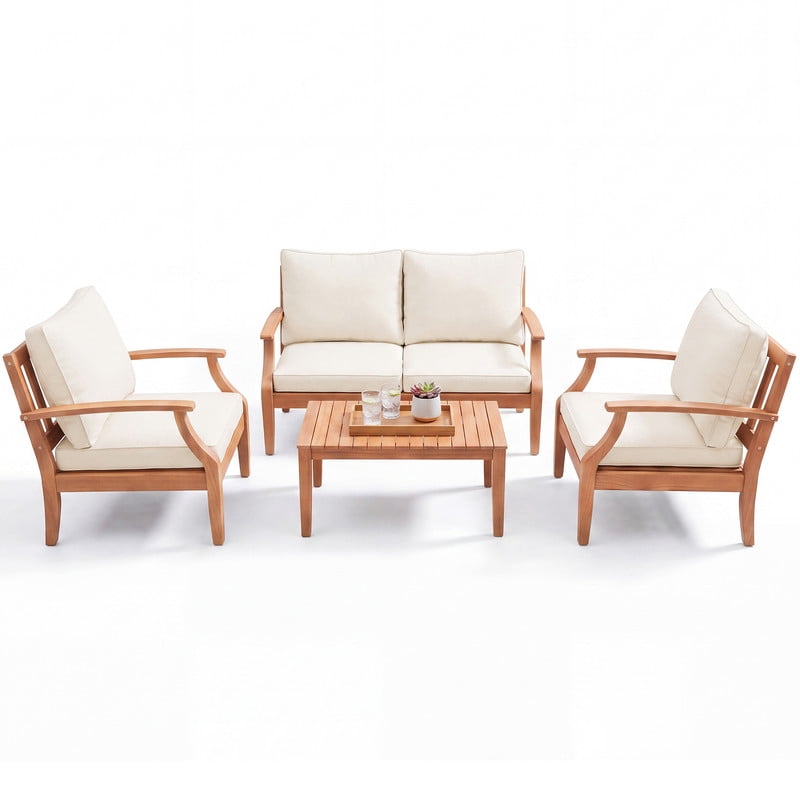 Vineego 4-Piece Patio Conversation Set, Eucalyptus Wood Outdoor Sectional Sofa with 4" Thick Cushions, Patio Furniture for Backyard, Deck, Balcony & Porch