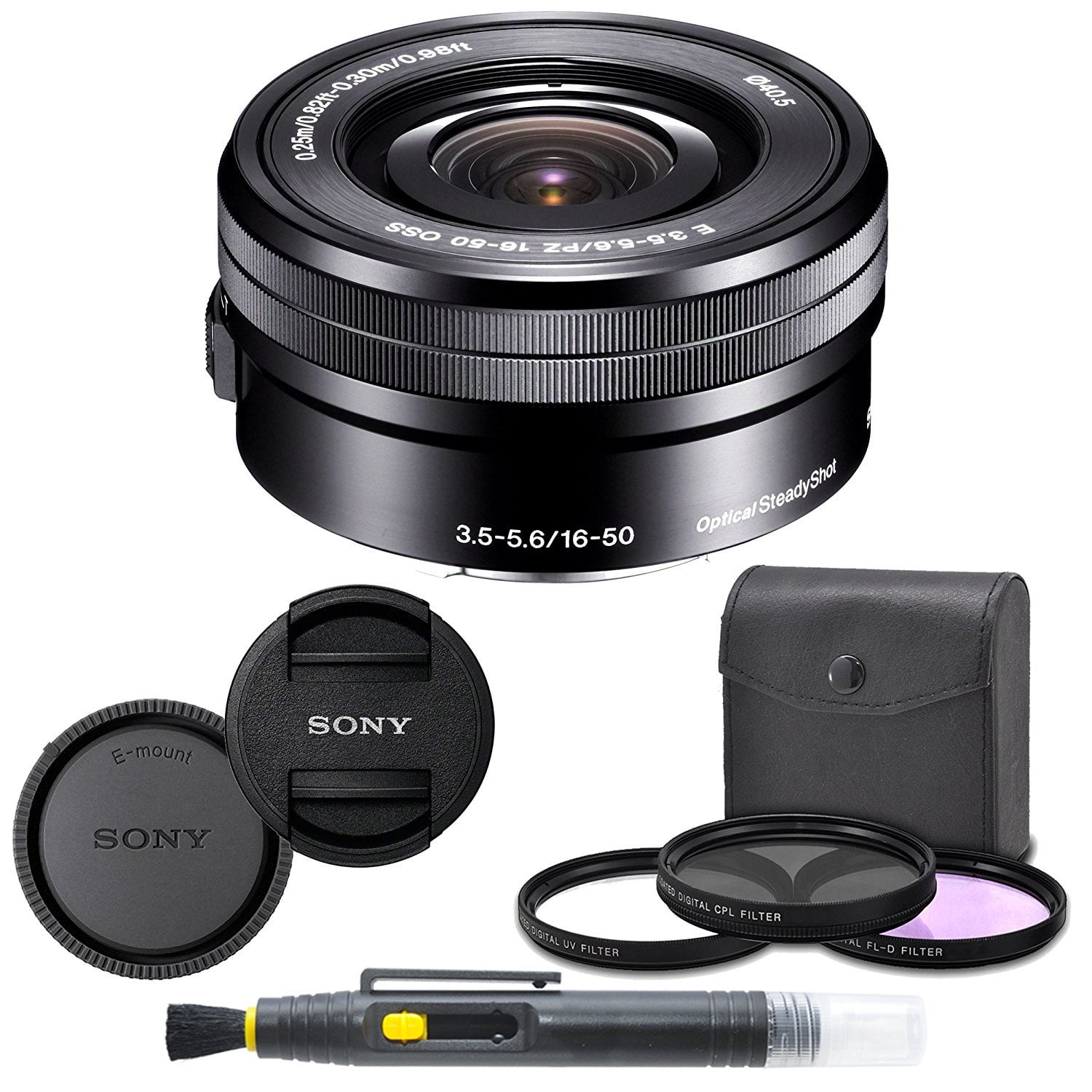 Sony SELP1650 16-50mm Power Zoom Lens (Black) + 8PC Kit Includes 3 Piece  Filter Kit (UV-CPL-FLD) + Front & Rear Lens Caps + Cleaning Pen - Sony E PZ  