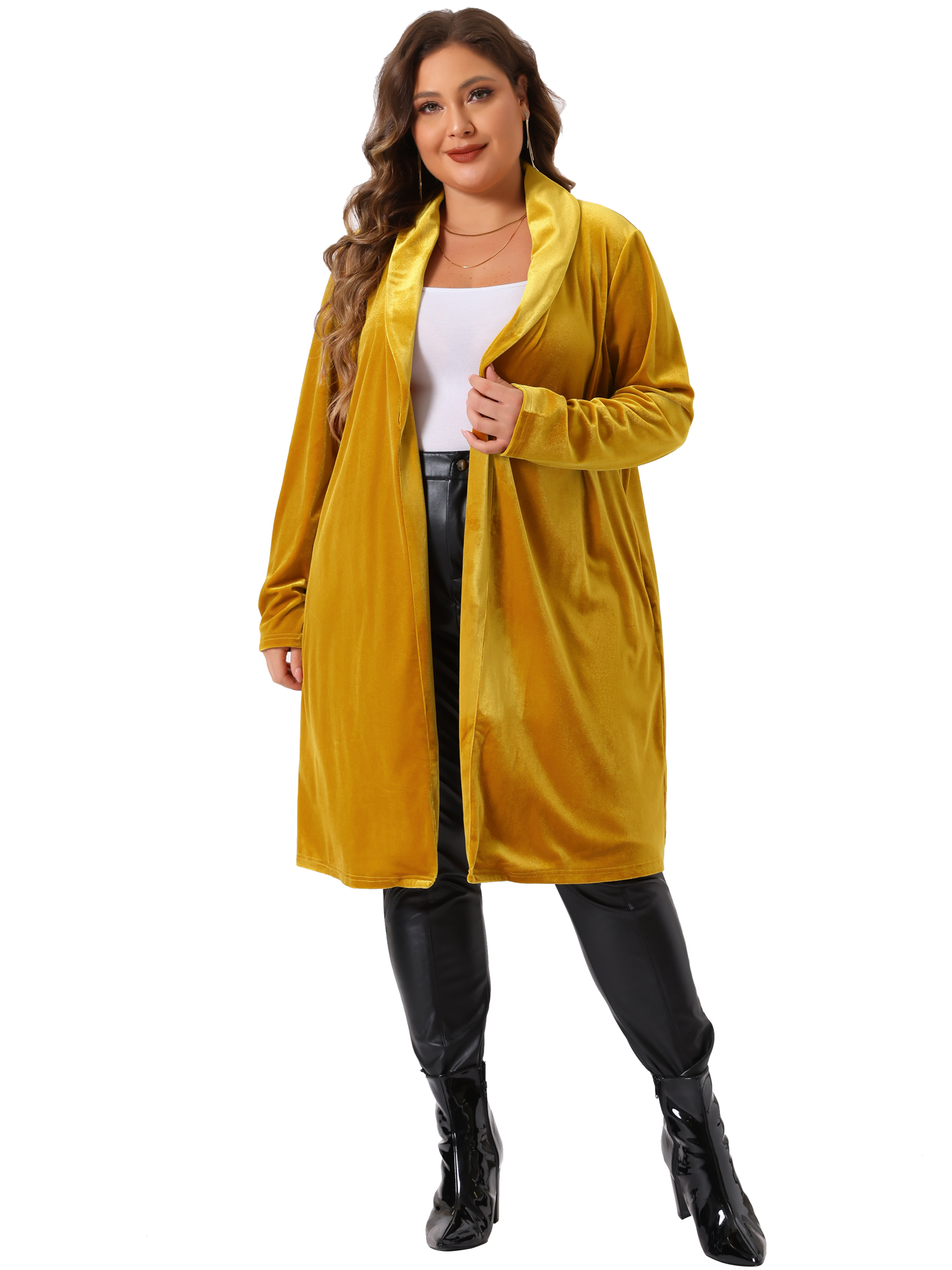 DARING DIVA Women's Plus Velvet Jackets Open Front Lightweight Long Sweaters 1X Gold