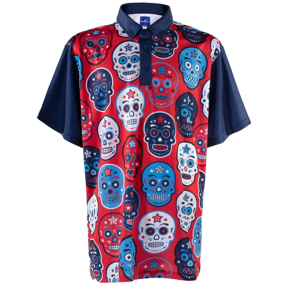 ReadyGOLF Mens Golf Polo Shirt USA Sugar Skulls